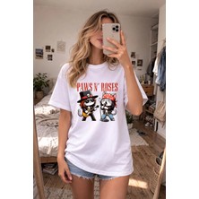Shain Guns'n Roses Cats Baskılı Bisiklet Yaka Beyaz Tişört T-Shirt