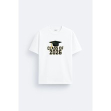 Shain Class Of 2026 Mezuniyet Baskılı Pamuklu Kumaş Beyaz Tişört T-Shirt