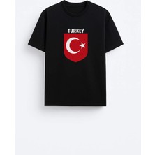 Shain Türkiye Türk Bayrağı Baskılı Pamuklu Kumaş Siyah Tişört T-Shirt