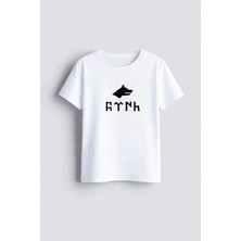 Shain Türk Bozkurt Göktürkçe Yazılı Baskılı Bisiklet Yaka Beyaz Çocuk Tişört T-Shirt