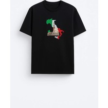 Shain Italya Pisa Kulesi Baskılı Pamuklu Kumaş Siyah Tişört T-Shirt