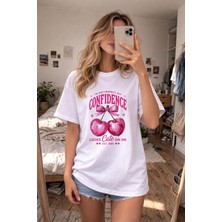 Shain Cherry Girl Pinterest Baskılı Bisiklet Yaka Kadın Beyaz Tişört T-Shirt