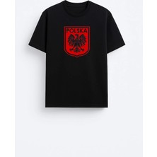 Shain Polonya Futbol Takımı Baskılı Pamuklu Kumaş Siyah Tişört T-Shirt