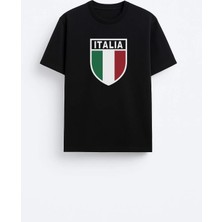 Shain Italya Milli Futbol Takım Baskılı Pamuklu Kumaş Siyah Tişört T-Shirt