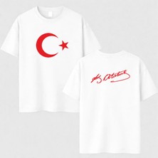 Shain Türk Bayrağı Bayrak Baskılı Atatürk Imzalı Baskılı Unisex Beyaz Tişört T-Shirt