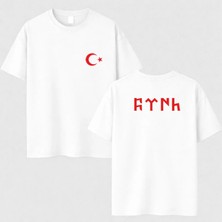 Shain Türk Bayrağı Göktürkçe Türk Yazılı Baskılı Unisex Beyaz Tişört T-Shirt