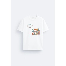 Shain Cool Mom Club Havalı Anneler Baskılı Pamuklu Kumaş Beyaz Tişört T-Shirt