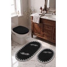 Bonny Home Siyah 3lü Fransız Dantelli Lüks Banyo Paspası Kaymaz Çeyizlik Oval Banyo Paspas Seti Lauris