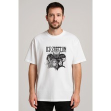 Shain LED Zeppelin Baskılı Bisiklet Yaka Beyaz Tişört T-Shirt