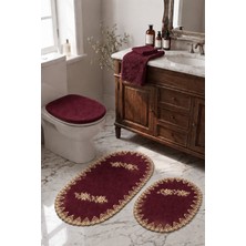 Bonny Home Mürdüm 3lü Fransız Dantelli Lüks Banyo Paspası Kaymaz Çeyizlik Oval Banyo Paspas Seti Lauris