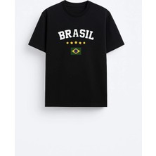 Shain Brasil Brezilya Bayrak Baskılı Pamuklu Kumaş Siyah Tişört T-Shirt
