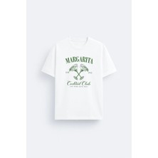 Shain Margarita Kokteyl Baskılı Pamuklu Kumaş Beyaz Tişört T-Shirt