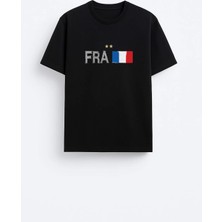 Shain Fransa Bayrak Baskılı Pamuklu Kumaş Siyah Tişört T-Shirt