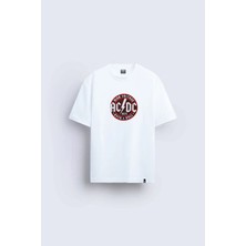 Shain Ac Dc Baskılı Bisiklet Yaka Beyaz Tişört T-Shirt