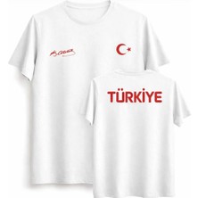 Shain Türk Bayrağı Atatürk Imza Baskılı Bisiklet Yaka Beyaz Tişört T-Shirt