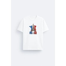 Shain Fransa Futbol Takımı Baskılı Pamuklu Kumaş Beyaz Tişört T-Shirt