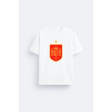 Shain Ispanya Milli Futbol Takımı Dünya Kupası Baskılı Pamuklu Kumaş Beyaz Tişört T-Shirt