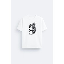 Shain Türk Bozkurt Göktürkçe Yazılı Kurt Baskılı %100 Pamuklu Kumaş Beyaz Tişört T-Shirt