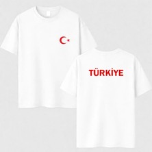 Shain Türk Bayrağı Türkiye Yazılı Baskılı Unisex Beyaz Tişört T-Shirt