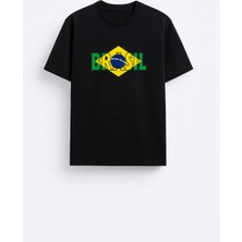 Shain Brezilya Futbol Takım Logo Baskılı Pamuklu Kumaş Siyah Tişört T-Shirt