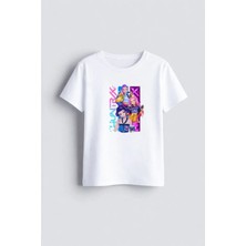 Shain K-Pop Demon Hunters Baskılı Bisiklet Yaka Beyaz Çocuk Tişört T-Shirt