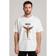 Shain Nirvana Baskılı Bisiklet Yaka Beyaz Tişört T-Shirt