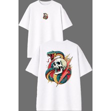 Vsrn Yılan Iskelet Tasarım Ön Arka Baskılı Beyaz Oversize T Shirt