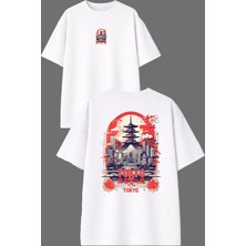 Vsrn Şehir Tokyo Tasarım Ön Arka Baskılı Beyaz Oversize T Shirt