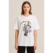 Shain Metallica Baskılı Bisiklet Yaka Beyaz Tişört T-Shirt