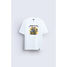 Shain Metallica Baskılı Bisiklet Yaka Beyaz Tişört T-Shirt