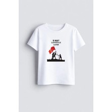 Shain 18 Mart Çanakkale Zaferi Bayramı Baskılı Çocuk Bisiklet Yaka Beyaz Tişört T-Shirt