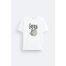 Shain Gojira Müzik Grubu Baskılı Pamuklu Kumaş Beyaz Tişört T-Shirt