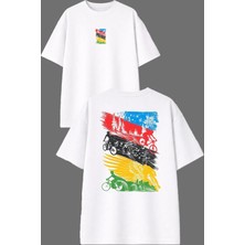 Vsrn Bisiklet Grubu Tasarım Ön Arka Baskılı Beyaz Oversize T Shirt