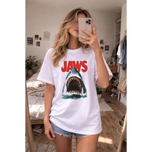 Shain Jaws Baskılı Bisiklet Yaka Beyaz Tişört T-Shirt