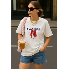 Shain Cool Life Pinterest Girl Baskılı Kadın Bisiklet Yaka Beyaz Tişört T-Shirt