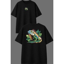 Vsrn Bukalemun Renkli Tasarım Ön Arka Baskılı Siyah Oversize T Shirt