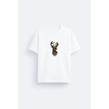 Shain Avcı Hunter Geyik Baskılı Bisiklet Yaka Beyaz Tişört T-Shirt