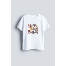 Shain Doğum Günü Happy Brithday 4 Yaş Baskılı %100 Pamuklu Kumaş Beyaz Tişört