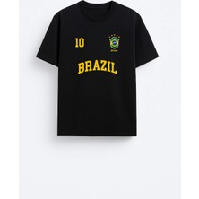 Shain Brezilya Futbol Takım Logo Baskılı Pamuklu Kumaş Siyah Tişört T-Shirt