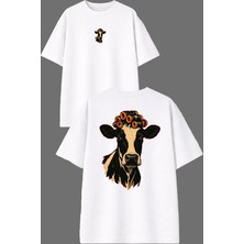 Vsrn Rastalı Inek Tasarım Ön Arka Baskılı Beyaz Oversize T Shirt
