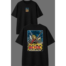 Vsrn Poster Acdc Tasarım Ön Arka Baskılı Siyah Oversize T Shirt