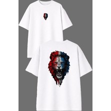 Vsrn Renkli Aslan Tasarım Ön Arka Baskılı Beyaz Oversize T Shirt