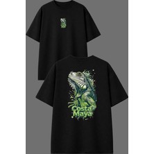 Vsrn Costa Bukalemun Tasarım Ön Arka Baskılı Siyah Oversize T Shirt