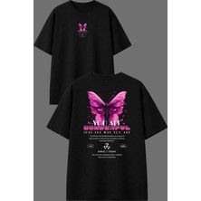 Vsrn You Are Kelebek Tasarım Ön Arka Baskılı Siyah Oversize T Shirt