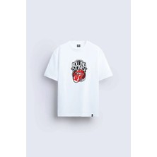 Shain Rolling Stones Baskılı Bisiklet Yaka Beyaz Tişört T-Shirt