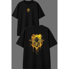 Vsrn Sarı Arı Tasarım Ön Arka Baskılı Siyah Oversize T Shirt