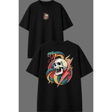 Vsrn Yılan Iskelet Tasarım Ön Arka Baskılı Siyah Oversize T Shirt