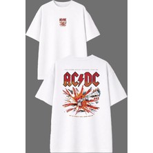 Vsrn Ac Dc Rock Tasarım Ön Arka Baskılı Beyaz Oversize T Shirt