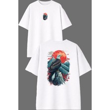 Vsrn Dağlarda Kartal Tasarım Ön Arka Baskılı Beyaz Oversize T Shirt