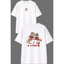Vsrn Wine O Clock Tasarım Ön Arka Baskılı Beyaz Oversize T Shirt
